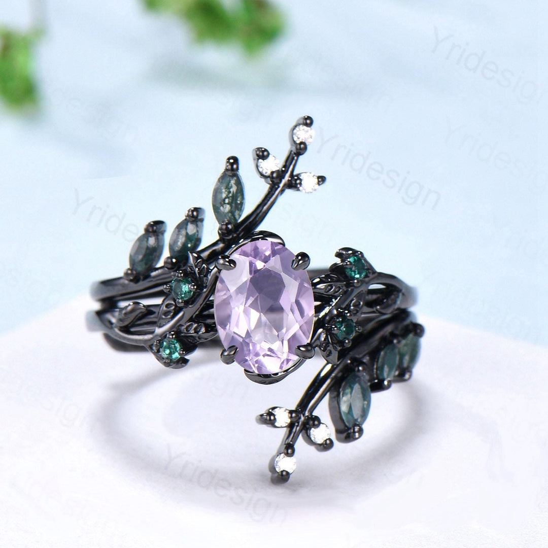 Nature Inspired Lavender Amethyst Engagement ring set black gold unique leaf vine marquise moss agate ring gothic 2pcs bridal wedding set - PENFINE