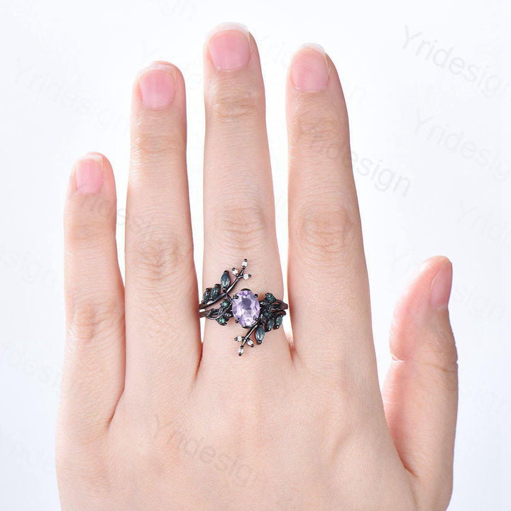 Nature Inspired Lavender Amethyst Engagement ring set black gold unique leaf vine marquise moss agate ring gothic 2pcs bridal wedding set - PENFINE