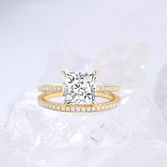 Vintage Princess Cut Lab Grown Diamond Wedding Ring Set IGI Certificate Hidden Halo Bridal Ring Set 14k Rose Gold 2pcs Bridal Ring Set Women - PENFINE