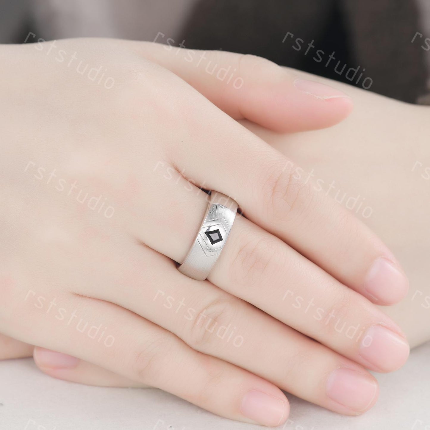 Couple Ring Set: Mens Kite Black Spinel Ring: Women's Moss Agate Ring