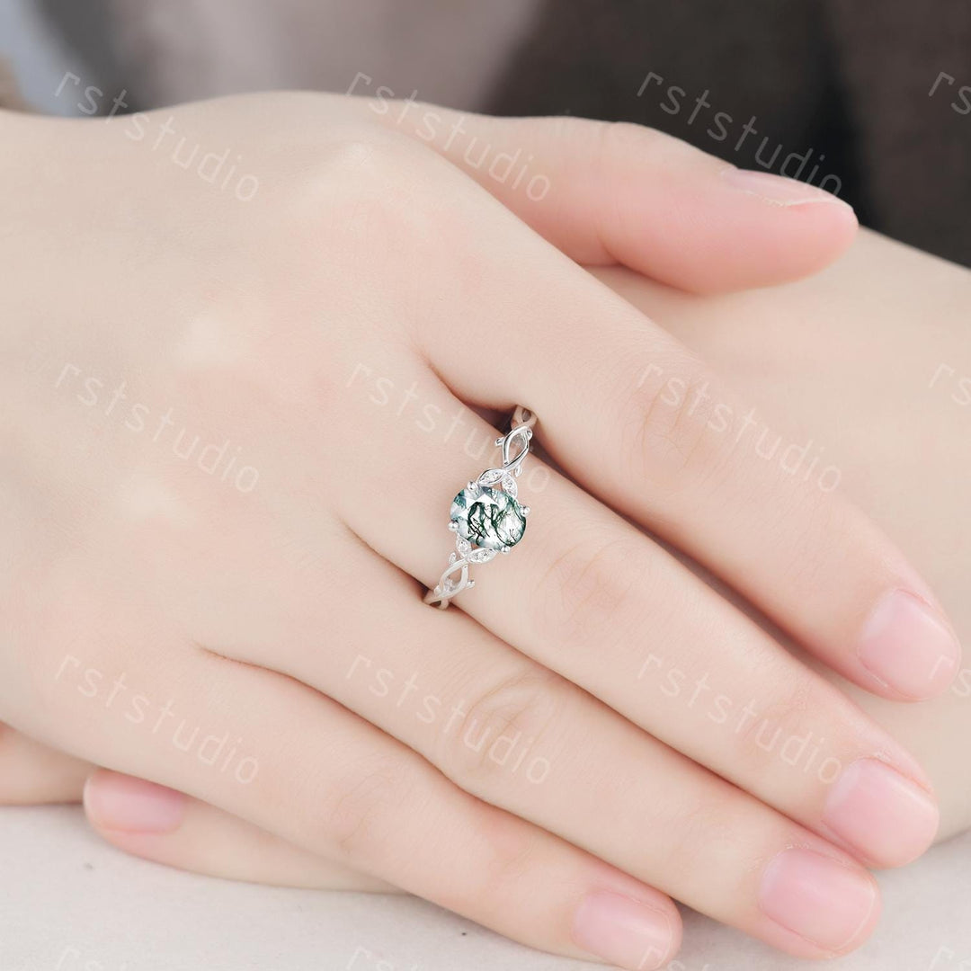 Vintage Moss Agate Couples Ring Set: Kite Spinel 14K White Gold Wedding Bands