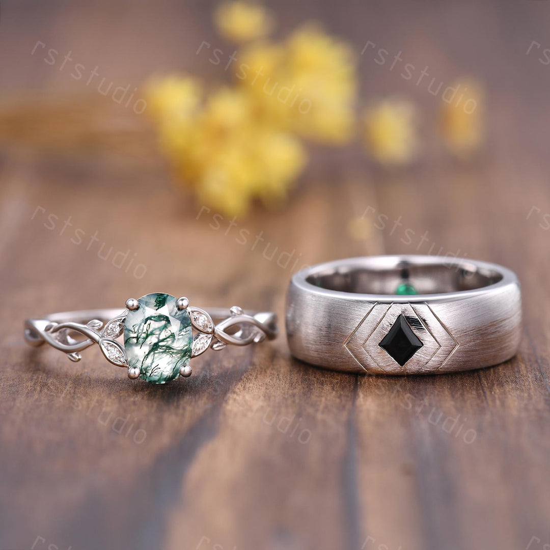 Vintage Moss Agate Couples Ring Set: Kite Spinel 14K White Gold Wedding Bands