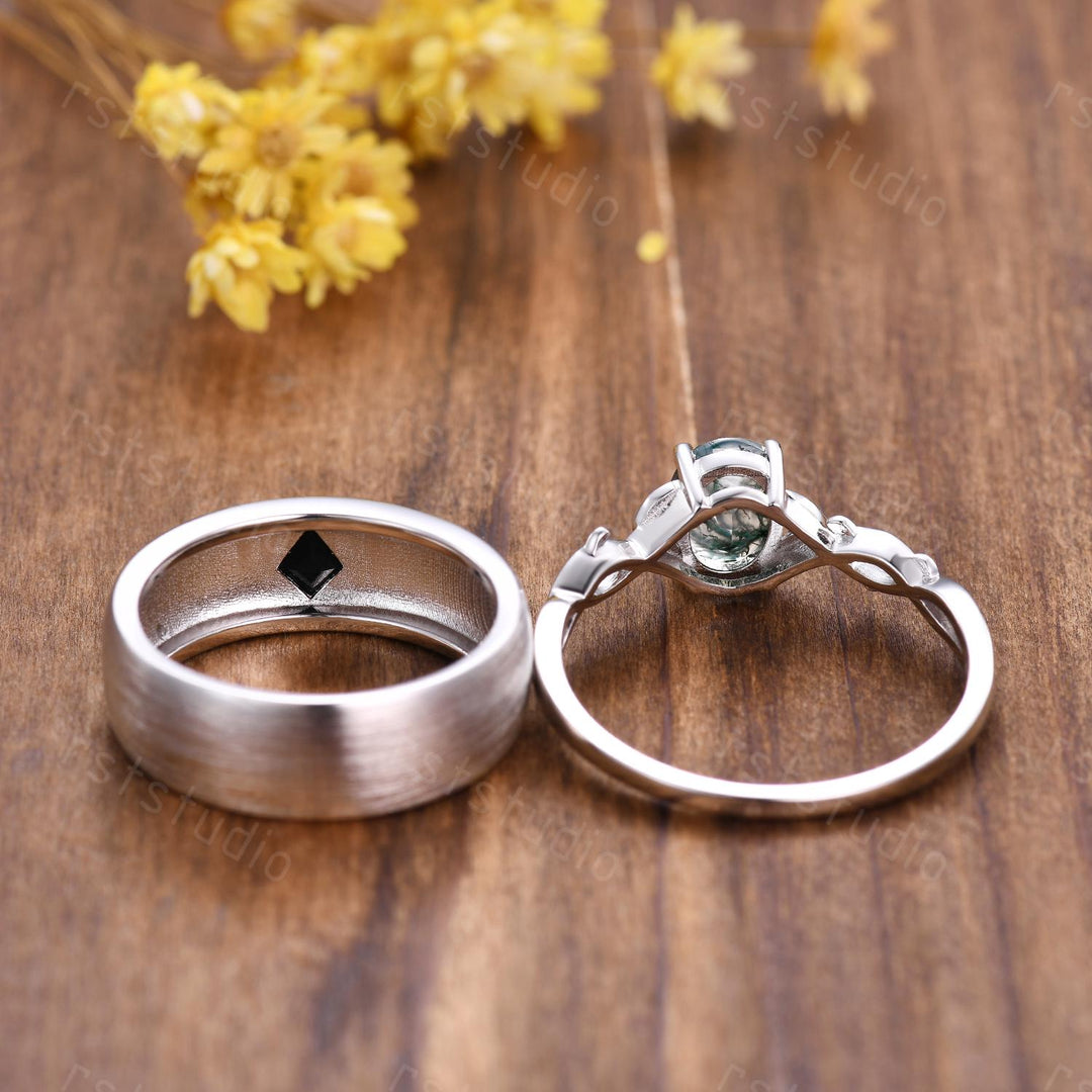 Vintage Moss Agate Couples Ring Set: Kite Spinel 14K White Gold Wedding Bands
