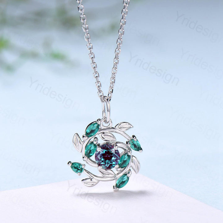 Unique Nature Inspired Alexandrite Necklace Vintage Marquise Pear Emerald Necklace Elegant Snowflake Pendant Anniversary gift for daughter - PENFINE