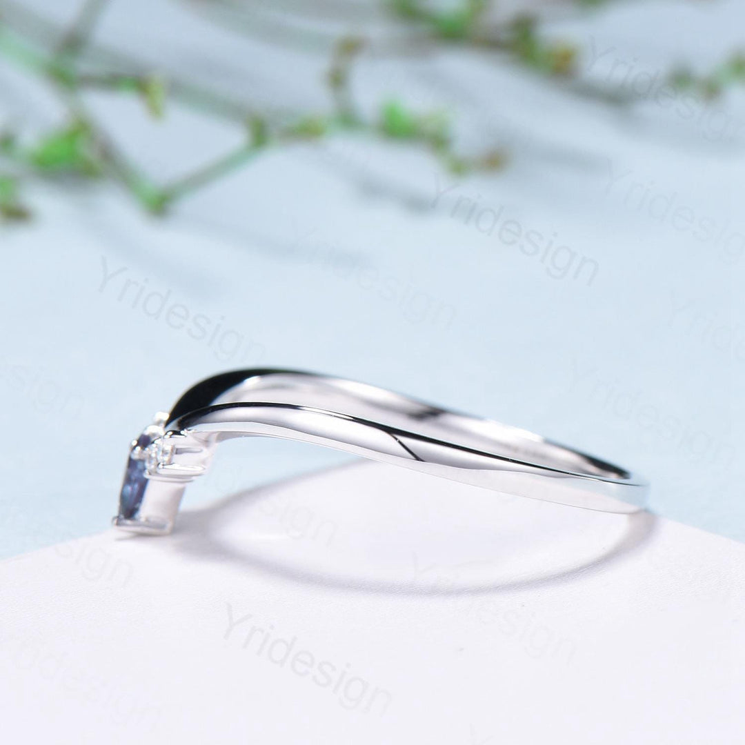 Dainty Curved Alexandrite Wedding Ring Women Kite Alexandrite Stacking Band Moissanite  Anniversary Ring Art Deco June Promise Ring For Her - PENFINE