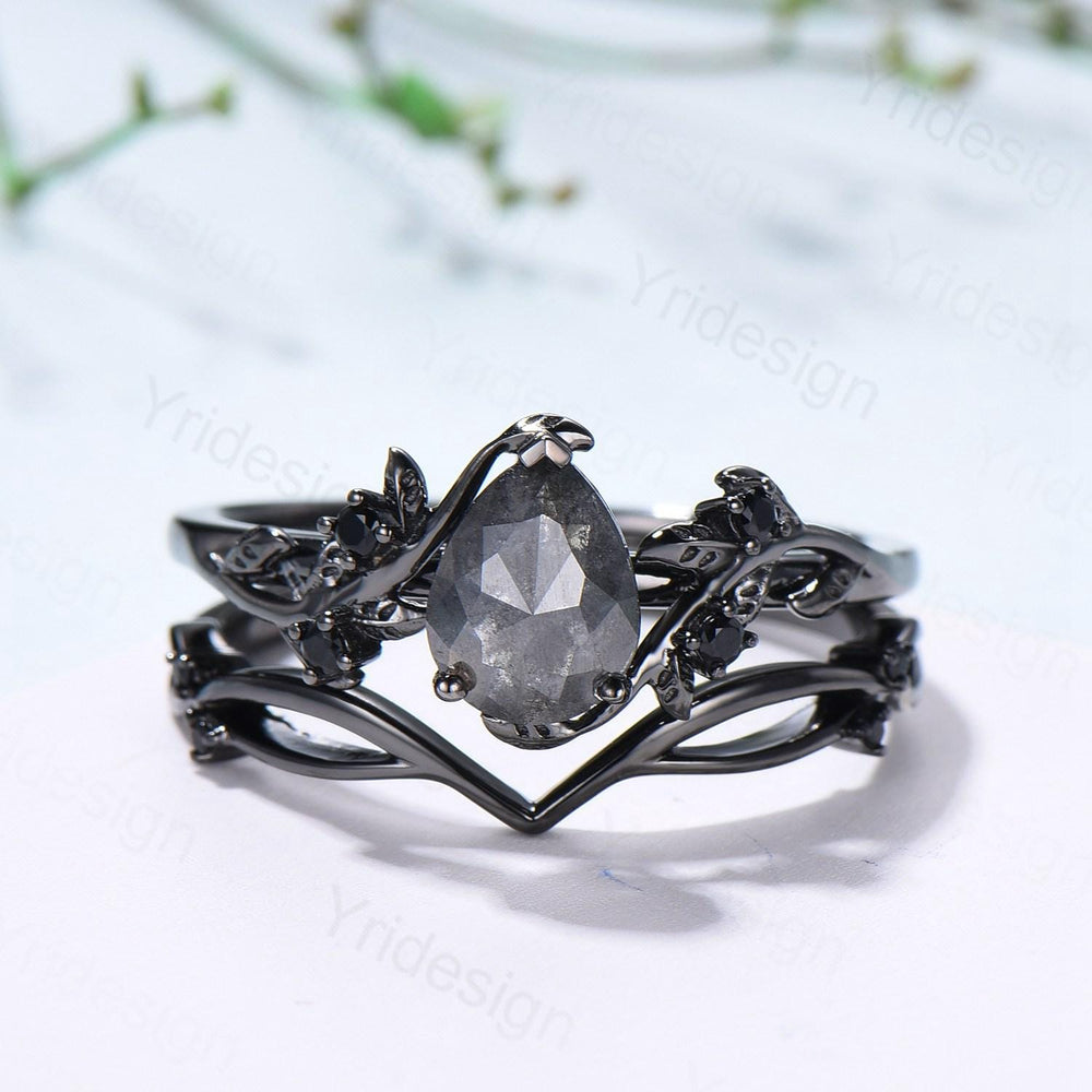 Elegant Black Gold salt pepper diamond engagement ring natural inspired pear shaped twig vine pepper diamond unique leaf vine bridal set - PENFINE