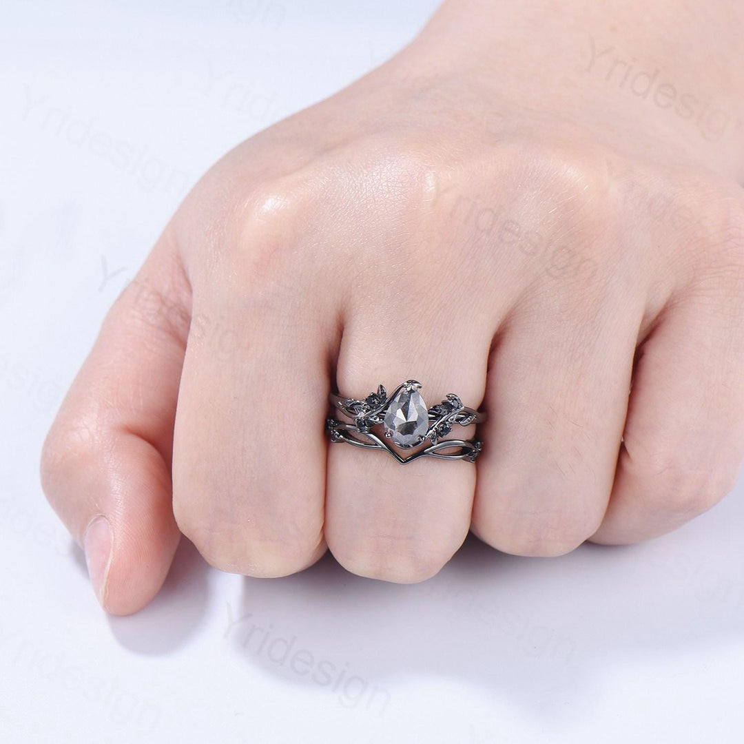 Elegant Black Gold salt pepper diamond engagement ring natural inspired pear shaped twig vine pepper diamond unique leaf vine bridal set - PENFINE