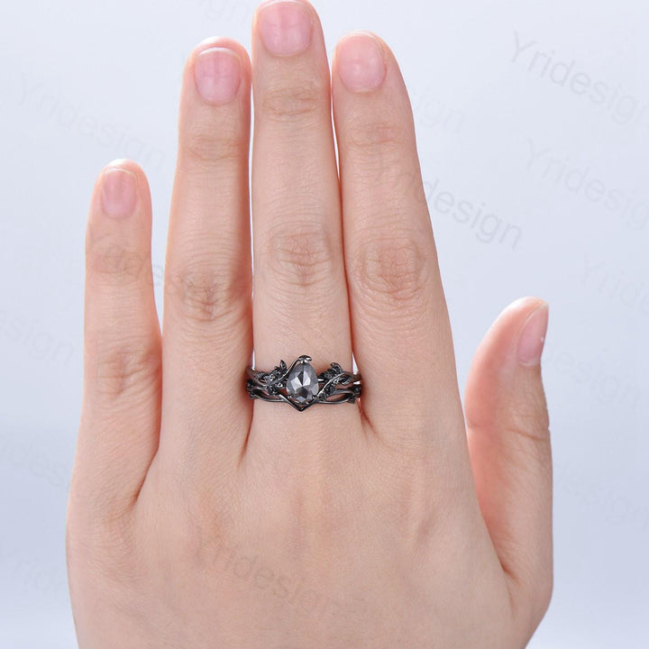 Elegant Black Gold salt pepper diamond engagement ring natural inspired pear shaped twig vine pepper diamond unique leaf vine bridal set - PENFINE