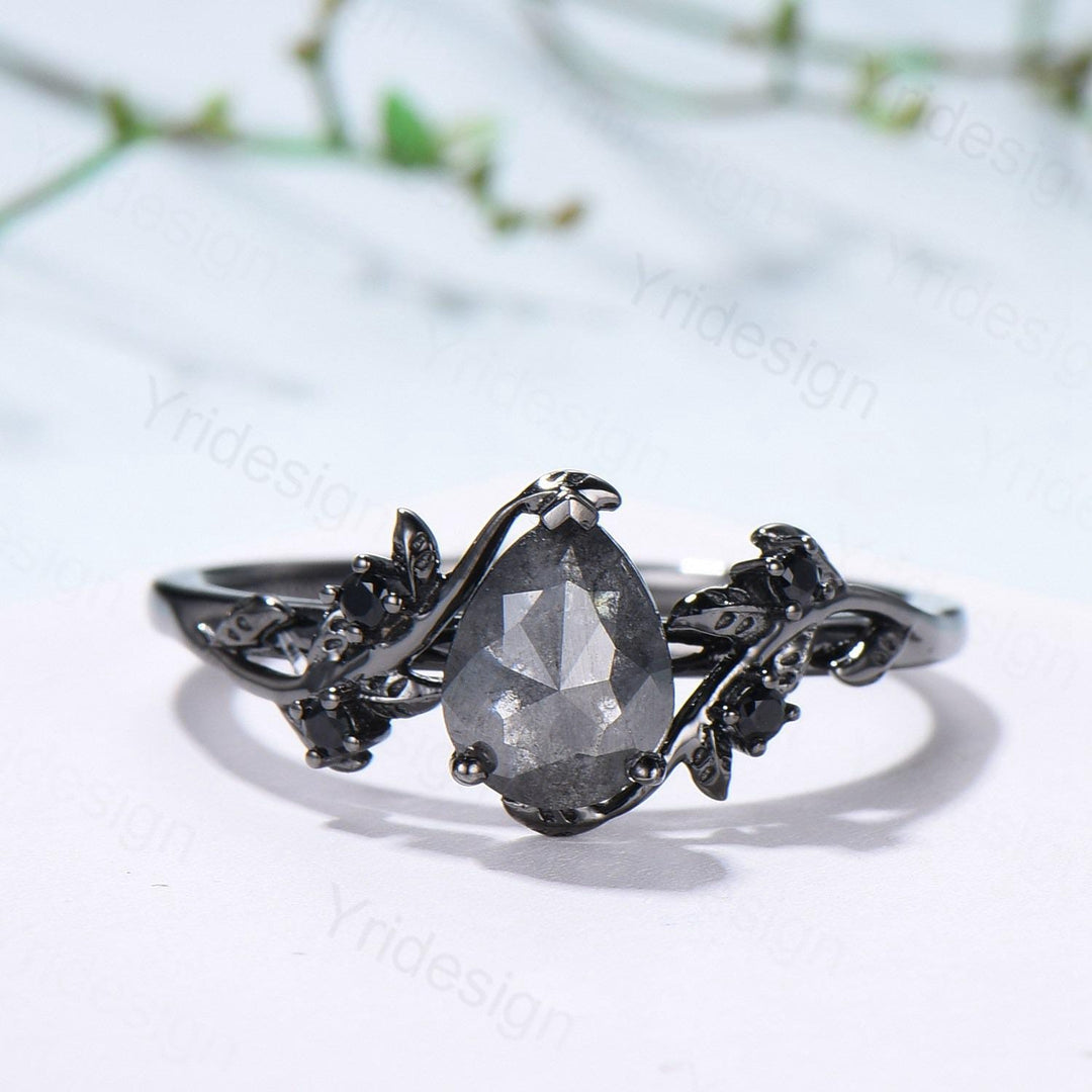 Elegant Black Gold salt pepper diamond engagement ring natural inspired pear shaped twig vine pepper diamond unique leaf vine bridal set - PENFINE