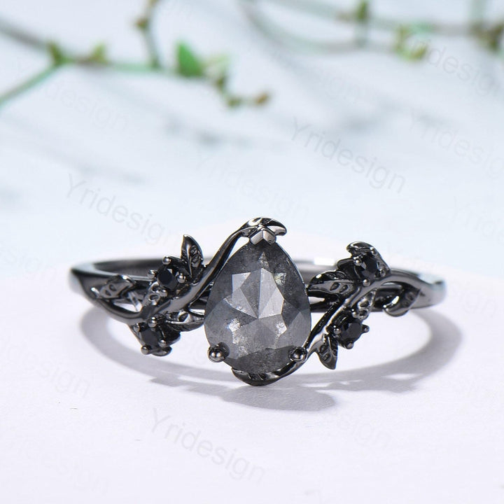 Elegant Black Gold salt pepper diamond engagement ring natural inspired pear shaped twig vine pepper diamond unique leaf vine bridal set - PENFINE