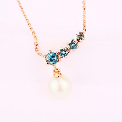 Elegant pearl pendant necklace five stone dainty pendant 9k/14k/18k rose  gold art deco London blue topaz pendant necklace Anniversary gift - PENFINE