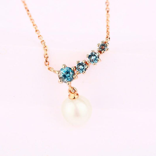 Elegant pearl pendant necklace five stone dainty pendant 9k/14k/18k rose  gold art deco London blue topaz pendant necklace Anniversary gift - PENFINE