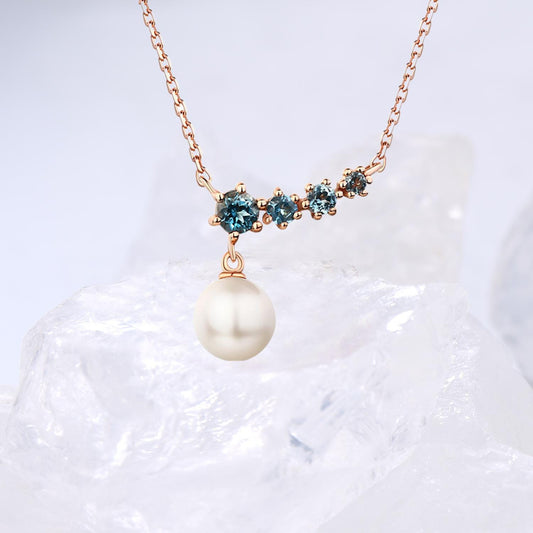 Elegant pearl pendant necklace five stone dainty pendant 9k/14k/18k rose  gold art deco London blue topaz pendant necklace Anniversary gift - PENFINE