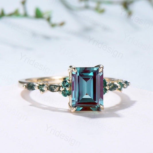 Vintage Emerald Cut Alexandrite Engagement Ring Yellow Gold Unique Marquise Moss Agate Color Change Wedding Ring Promise Anniversary Gifts - PENFINE