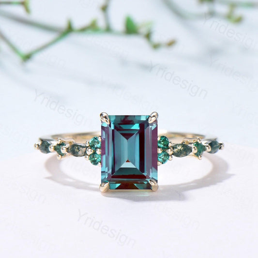 Vintage Emerald Cut Alexandrite Engagement Ring Yellow Gold Unique Marquise Moss Agate Color Change Wedding Ring Promise Anniversary Gifts - PENFINE