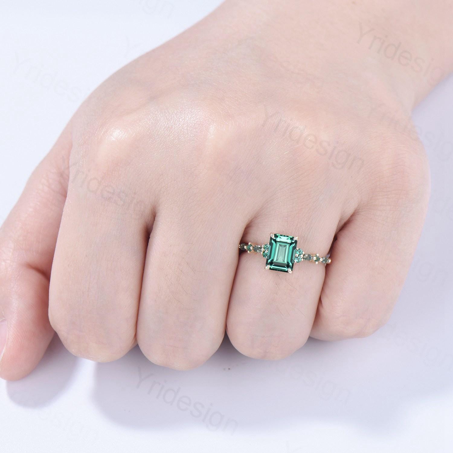 Vintage Emerald Cut Green Sapphire Engagement Ring 14K Yellow Gold Unique Marquise Moss Agate Emerald Wedding Ring Promise Anniversary Gifts - PENFINE