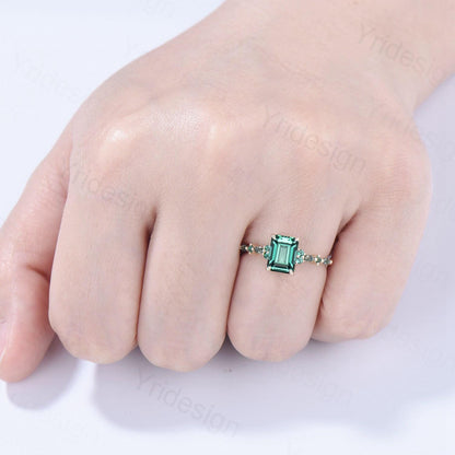 Vintage Emerald Cut Green Sapphire Engagement Ring 14K Yellow Gold Unique Marquise Moss Agate Emerald Wedding Ring Promise Anniversary Gifts - PENFINE