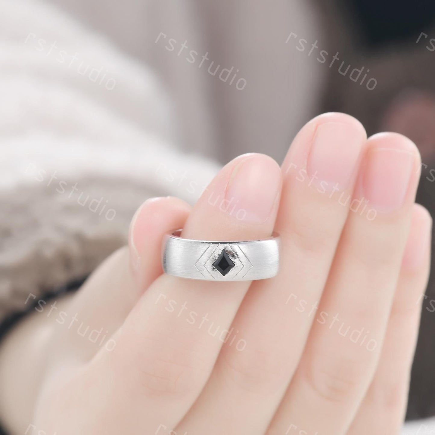 Couple Ring Set: Mens Kite Black Spinel Ring: Women's Moss Agate Ring