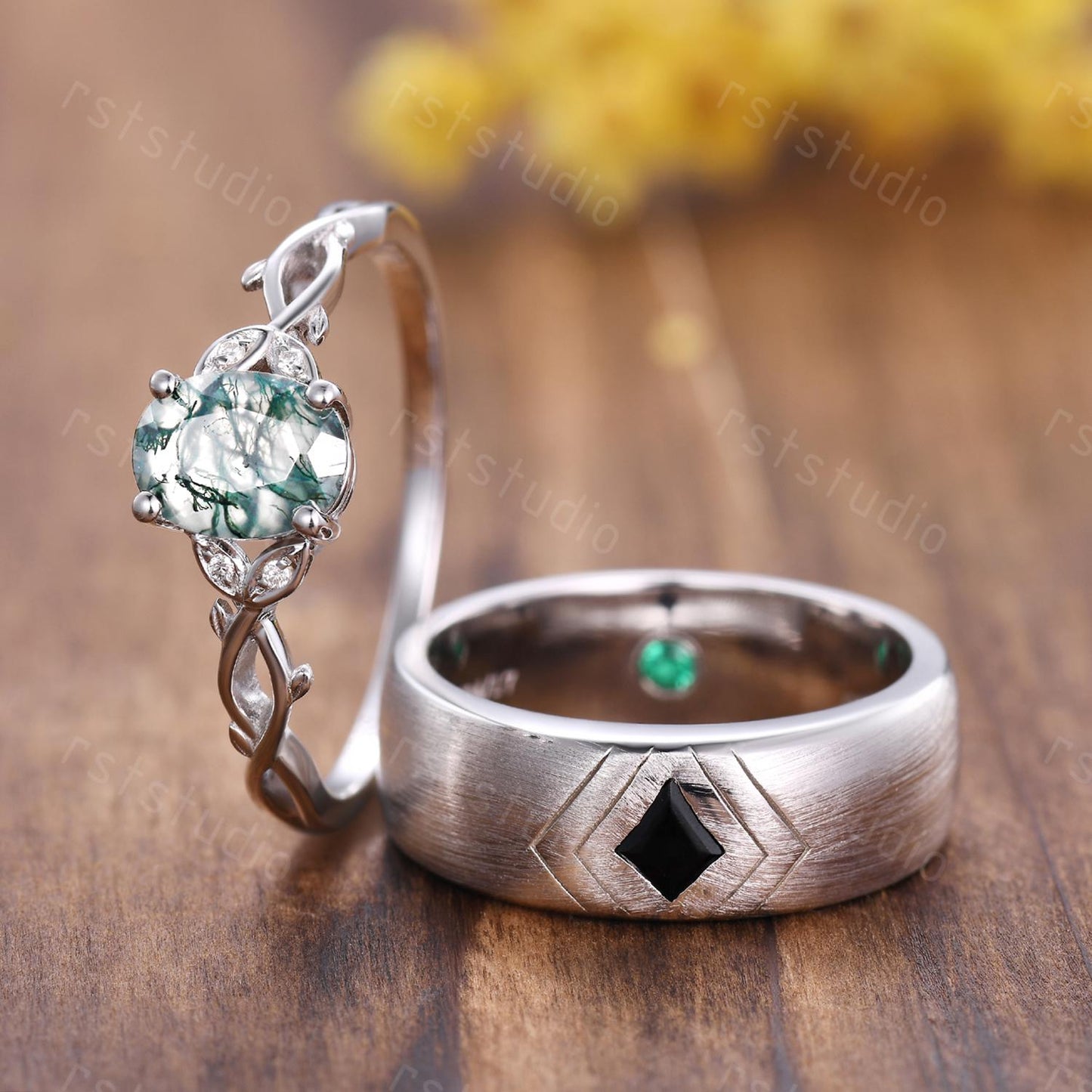Couple Ring Set: Mens Kite Black Spinel Ring: Women's Moss Agate Ring