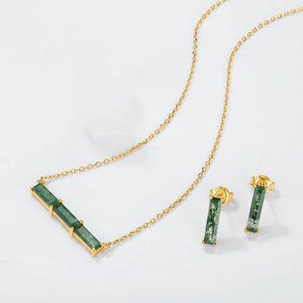 Minimalist baguette cut moss agate wedding set solitaire yellow gold moss agate pendant necklace rose gold agate earrings anniversary gifts - PENFINE