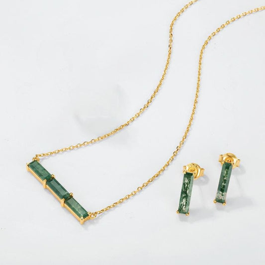 Minimalist baguette cut moss agate wedding set solitaire yellow gold moss agate pendant necklace rose gold agate earrings anniversary gifts - PENFINE