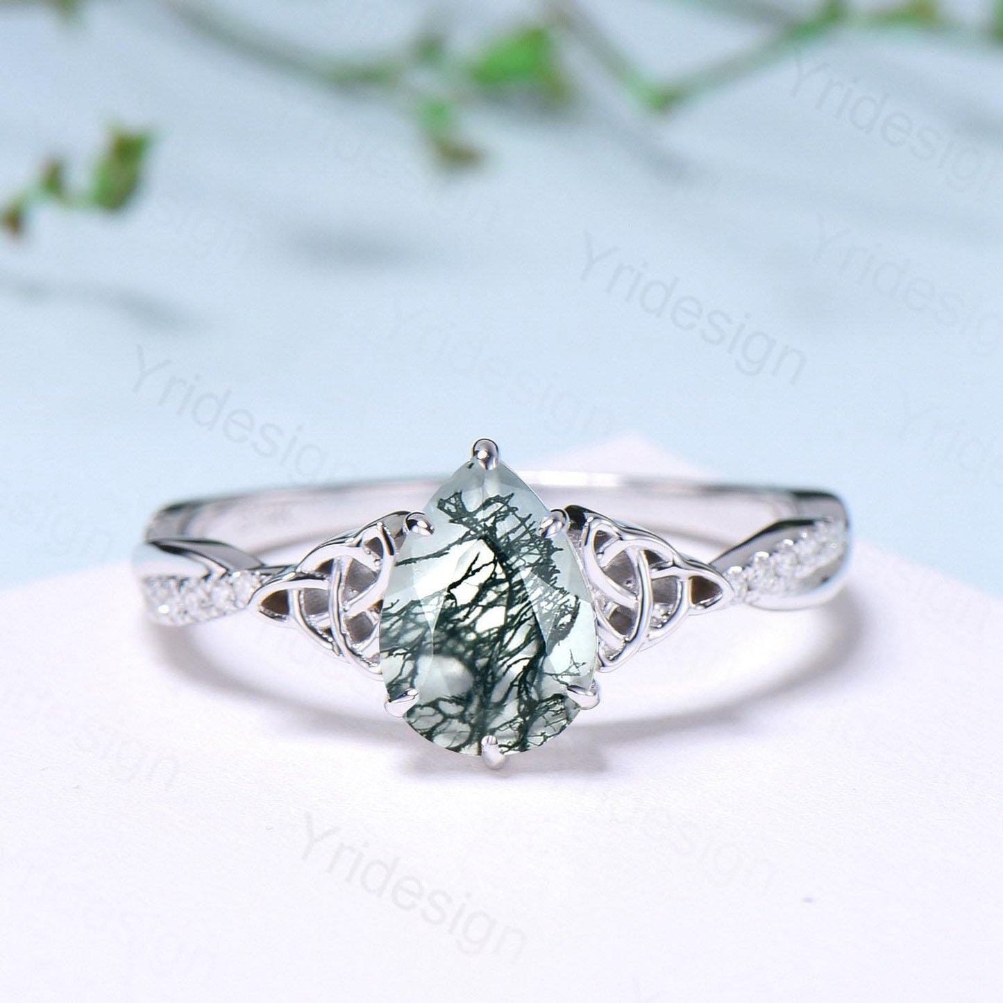 Norse Viking Pear Shaped Moss Agate Engagement Ring For Women Unique Celtic infinity moissanite wedding ring spilt shank anniversary gifts - PENFINE