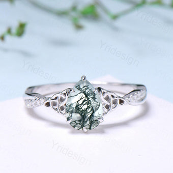 Norse Viking Pear Shaped Moss Agate Engagement Ring For Women Unique Celtic infinity moissanite wedding ring spilt shank anniversary gifts - PENFINE
