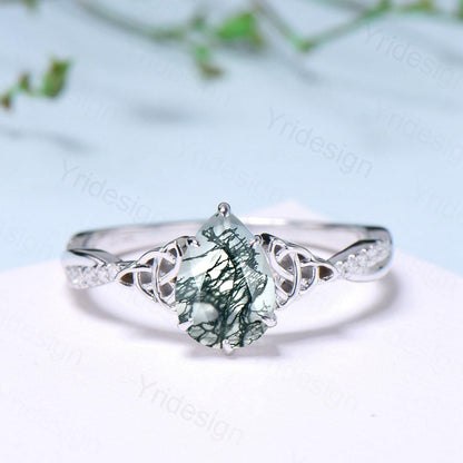 Norse Viking Pear Shaped Moss Agate Engagement Ring For Women Unique Celtic infinity moissanite wedding ring spilt shank anniversary gifts - PENFINE