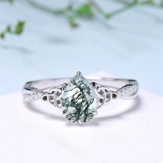 Norse Viking Pear Shaped Moss Agate Engagement Ring For Women Unique Celtic infinity moissanite wedding ring spilt shank anniversary gifts - PENFINE