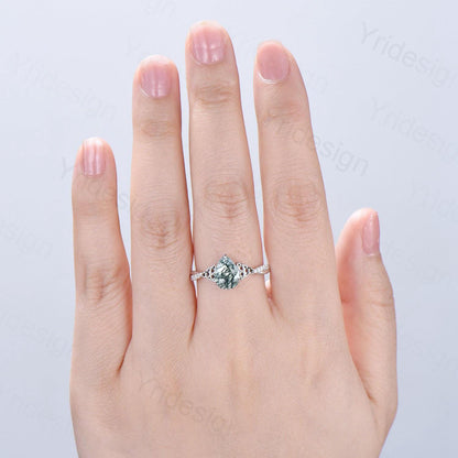 Norse Viking Pear Shaped Moss Agate Engagement Ring For Women Unique Celtic infinity moissanite wedding ring spilt shank anniversary gifts - PENFINE