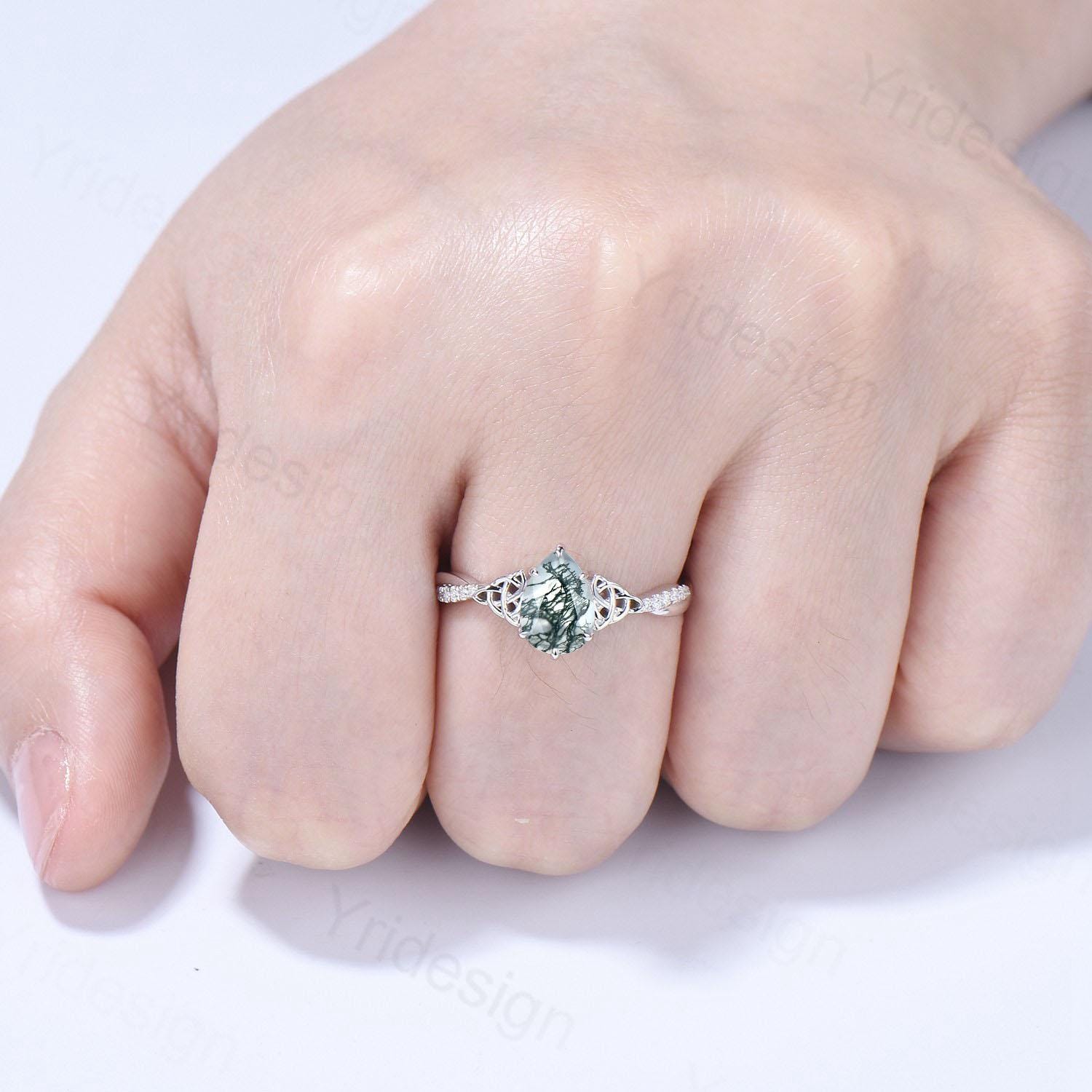 Norse Viking Pear Shaped Moss Agate Engagement Ring For Women Unique Celtic infinity moissanite wedding ring spilt shank anniversary gifts - PENFINE