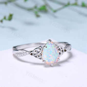 Celtic Knot Pear Shaped Fire Opal Engagement Ring For Women Unique Norse Viking infinity Opal Wedding Ring Spilt Shank Anniversary gifts - PENFINE