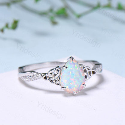 Celtic Knot Pear Shaped Fire Opal Engagement Ring For Women Unique Norse Viking infinity Opal Wedding Ring Spilt Shank Anniversary gifts - PENFINE