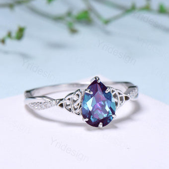 Celtic Knot Pear Shaped Alexandrite Engagement Ring Unique Norse Viking infinity Color Change Wedding Ring Spilt Shank Anniversary gifts - PENFINE