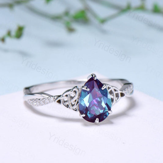 Celtic Knot Pear Shaped Alexandrite Engagement Ring Unique Norse Viking infinity Color Change Wedding Ring Spilt Shank Anniversary gifts - PENFINE