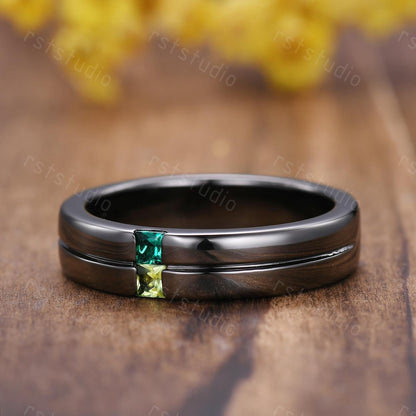 Gothic Black Gold Ring: Emerald Peridot Princess Cut Birthstone Band