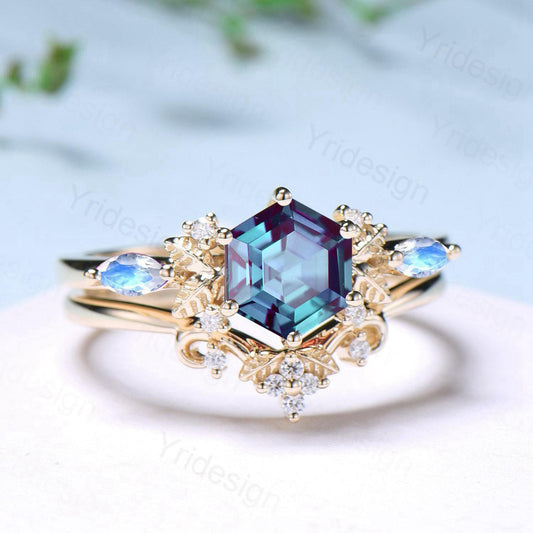 Nature inspired hexagon alexandrite engagement ring set 14k yellow gold unique leaf vine June birthstone wedding ring set Anniversary Gifts - PENFINE