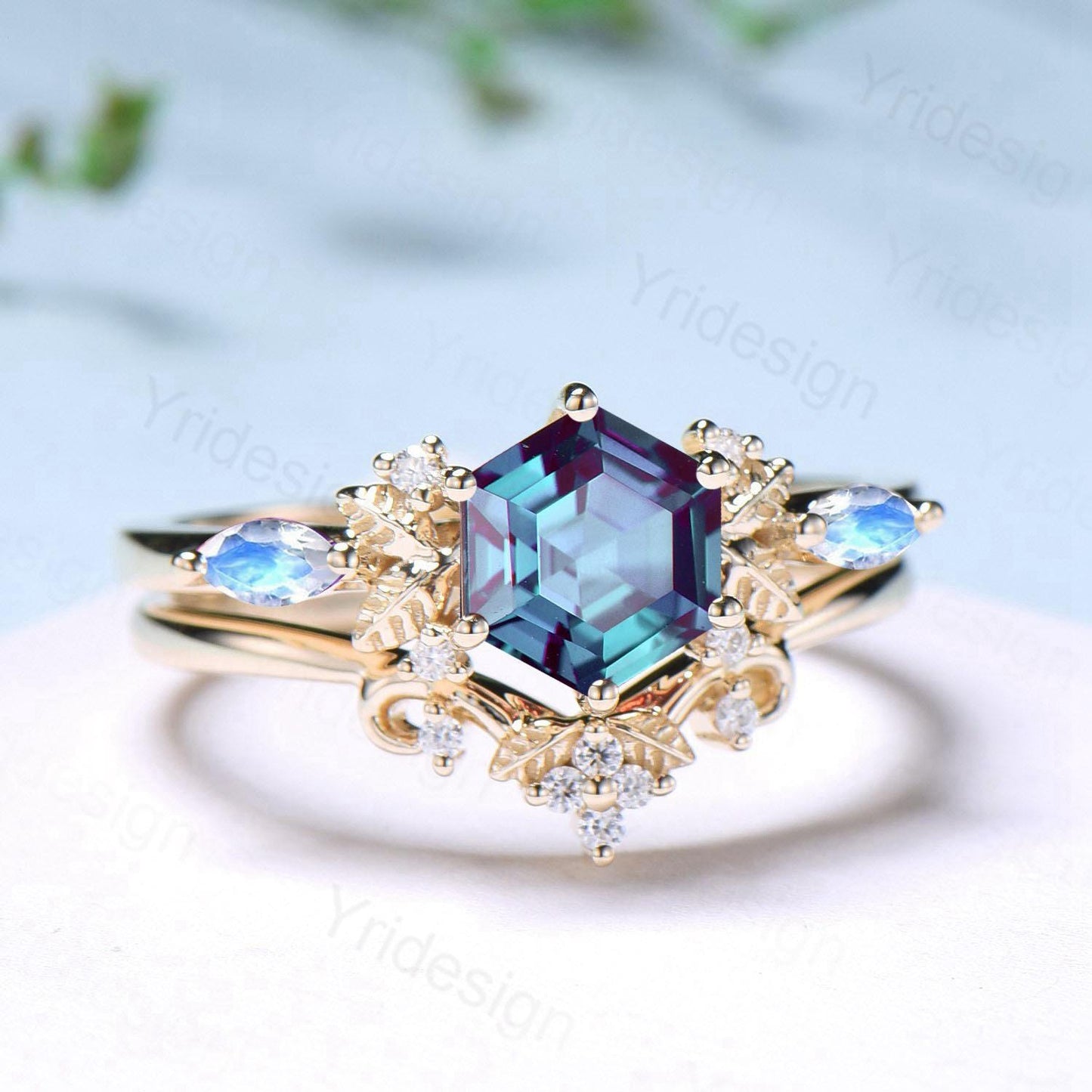 Nature inspired hexagon alexandrite engagement ring set 14k yellow gold unique leaf vine June birthstone wedding ring set Anniversary Gifts - PENFINE