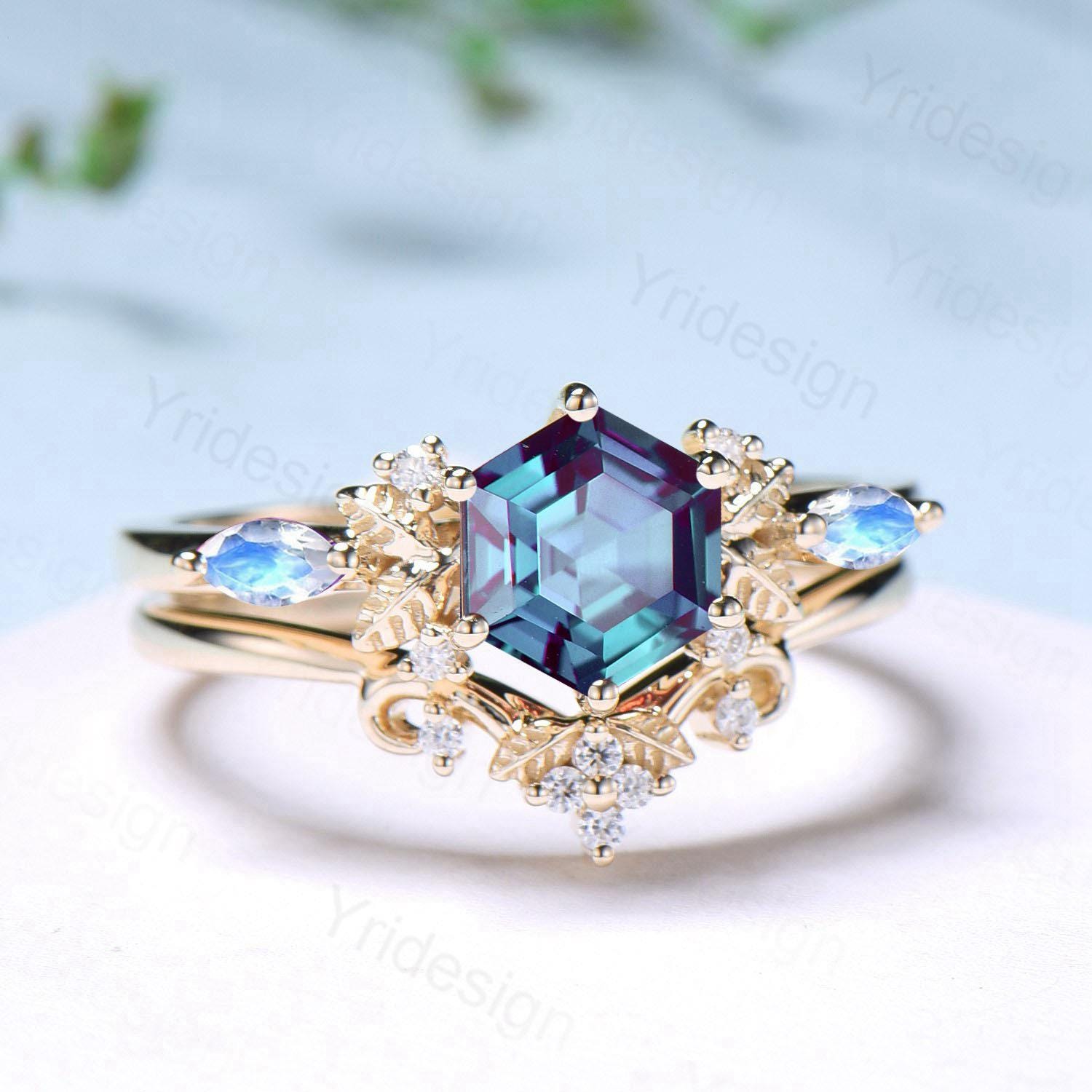 Nature inspired hexagon alexandrite engagement ring set 14k yellow gold unique leaf vine June birthstone wedding ring set Anniversary Gifts - PENFINE