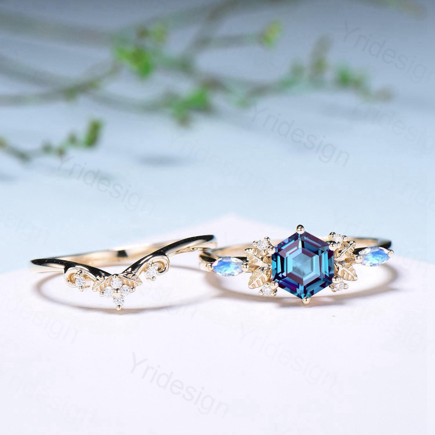 Nature inspired hexagon alexandrite engagement ring set 14k yellow gold unique leaf vine June birthstone wedding ring set Anniversary Gifts - PENFINE