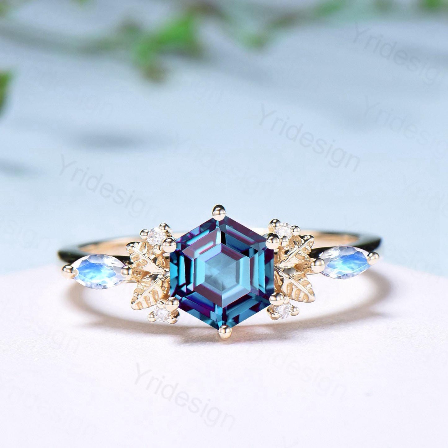 Nature inspired hexagon alexandrite engagement ring set 14k yellow gold unique leaf vine June birthstone wedding ring set Anniversary Gifts - PENFINE