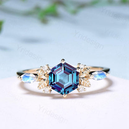 Nature inspired hexagon alexandrite engagement ring set 14k yellow gold unique leaf vine June birthstone wedding ring set Anniversary Gifts - PENFINE