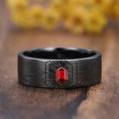 Couples Gothic Red Garnet Ring: Black Gold Hexagon Wedding Band
