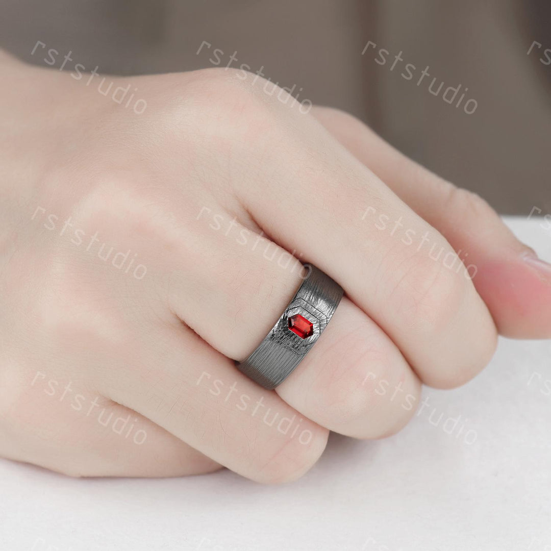 Mens Gothic Red Garnet Ring: Black Gold Hexagon Wedding Band