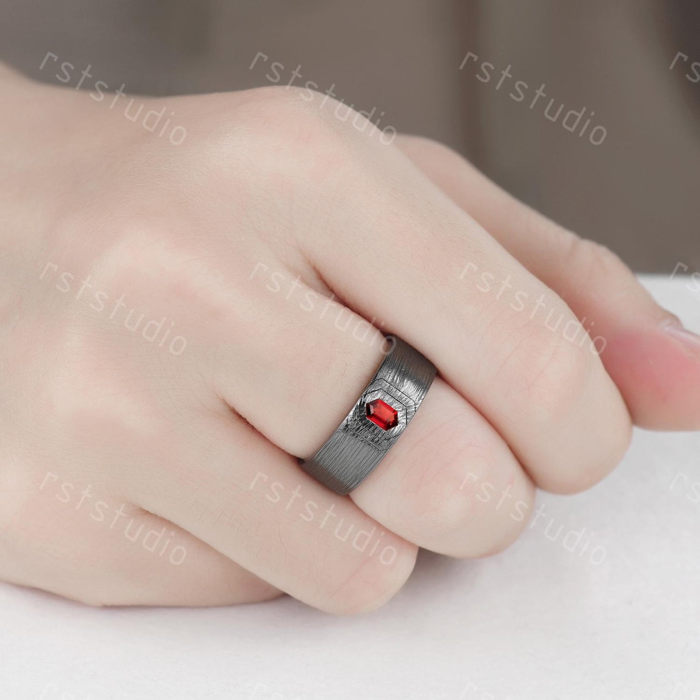 Couples Gothic Red Garnet Ring: Black Gold Hexagon Wedding Band