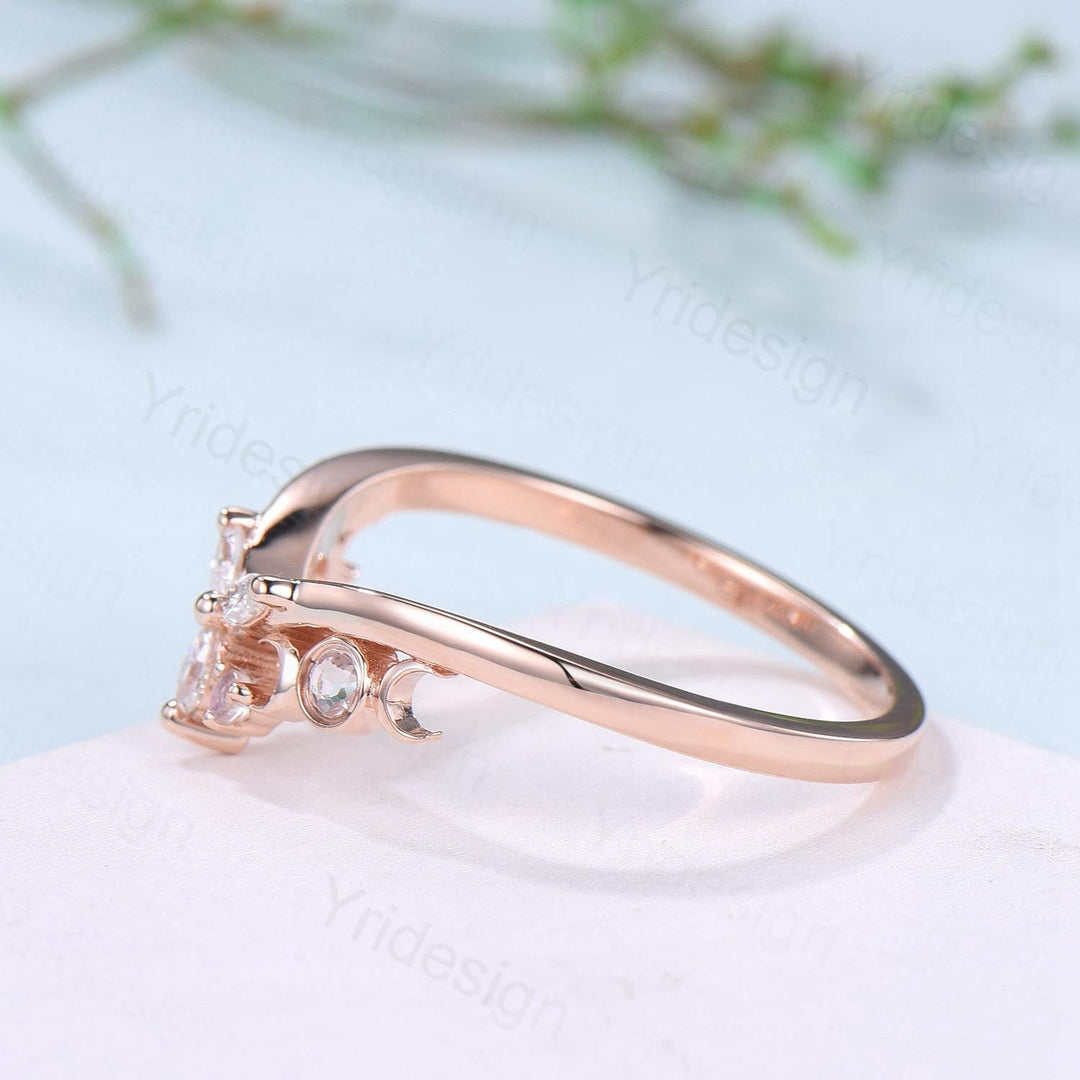 Curved Moonstone Wedding Band 14k rose gold celtic knot Marquise cut wedding ring Unique Stacking matching ring Promise Anniversary band - PENFINE