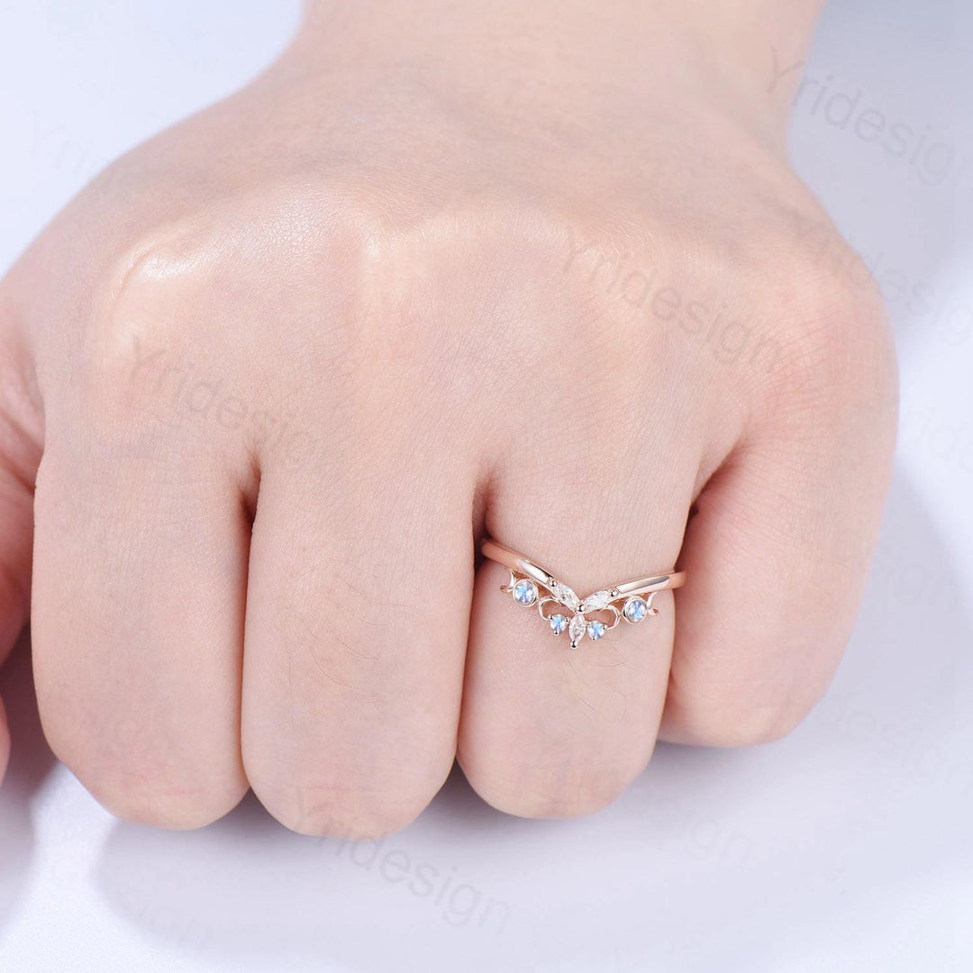Curved Moonstone Wedding Band 14k rose gold celtic knot Marquise cut wedding ring Unique Stacking matching ring Promise Anniversary band - PENFINE