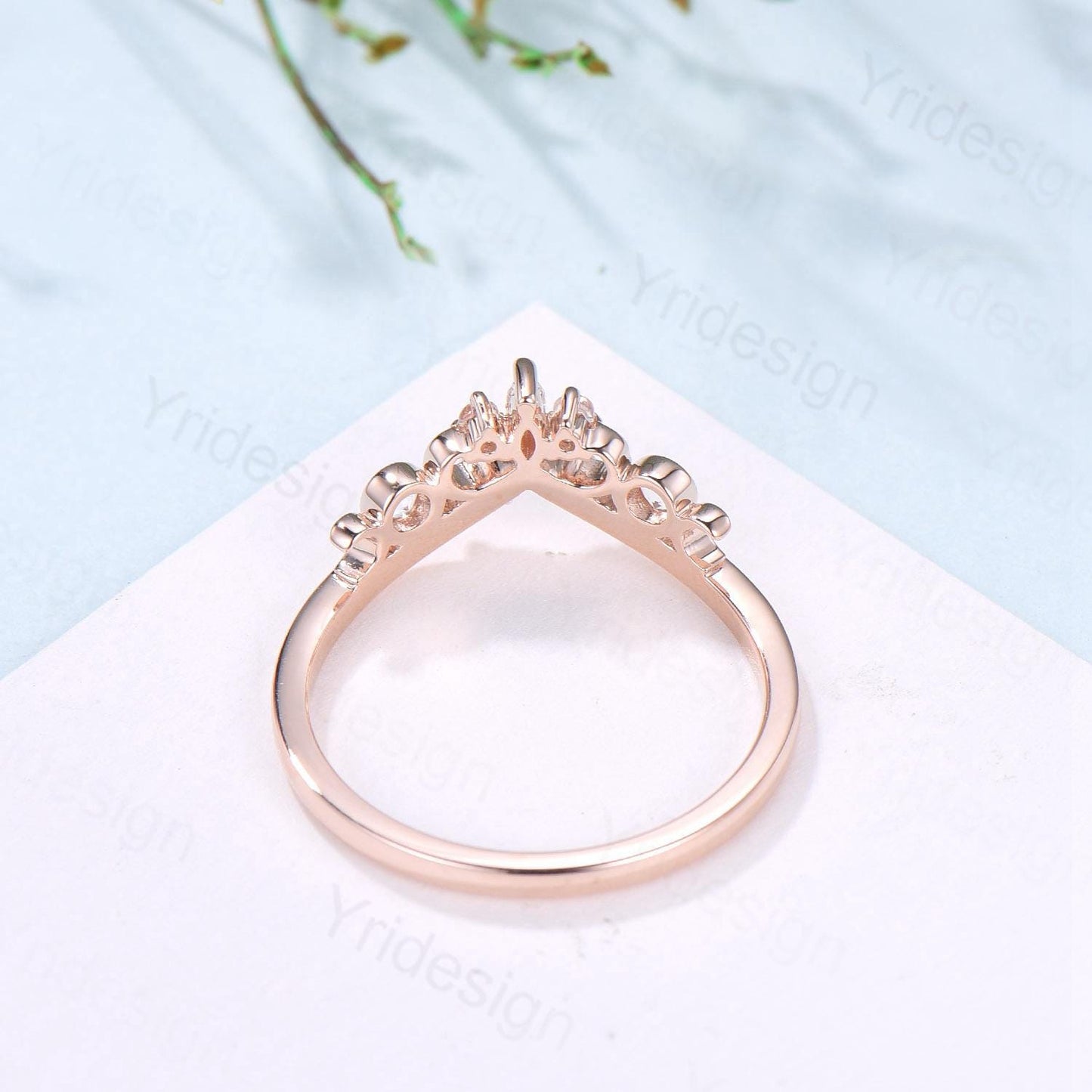 Curved Moonstone Wedding Band 14k rose gold celtic knot Marquise cut wedding ring Unique Stacking matching ring Promise Anniversary band - PENFINE