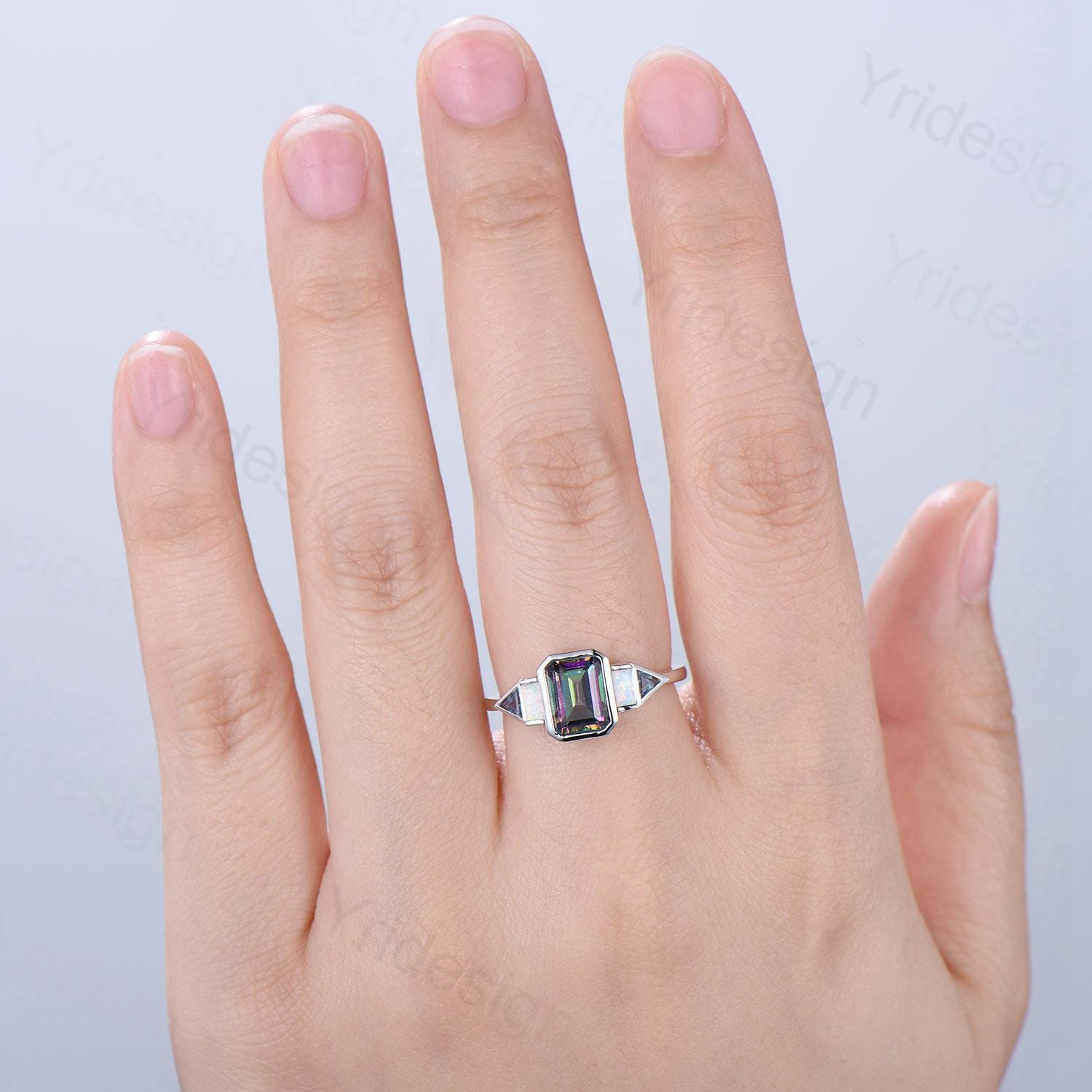 Vintage emerald cut mystic topaz engagement ring Baguette white opal trillion cut alexandrite band unique topaz five stone anniversary ring - PENFINE