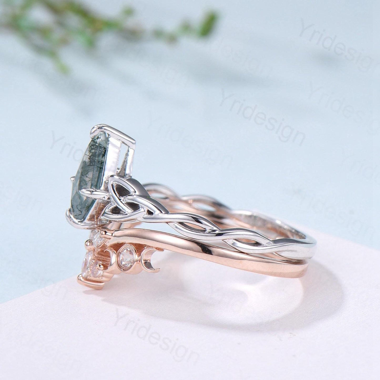 Norse Viking Kite Cut Moss Agate Engagement Ring Set Celtic Love Knot Moonstone Wedding Band Vintage Unique Twisted Green Crystal Bridal Set - PENFINE
